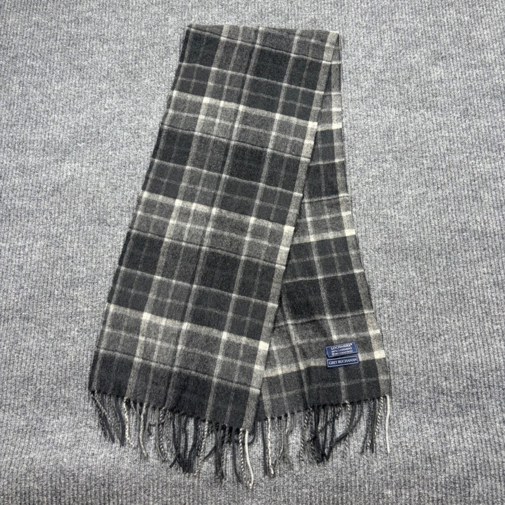 Lochmere Grey Buchanan 100% Cashmere Plaid Scarf Gray White Fringe